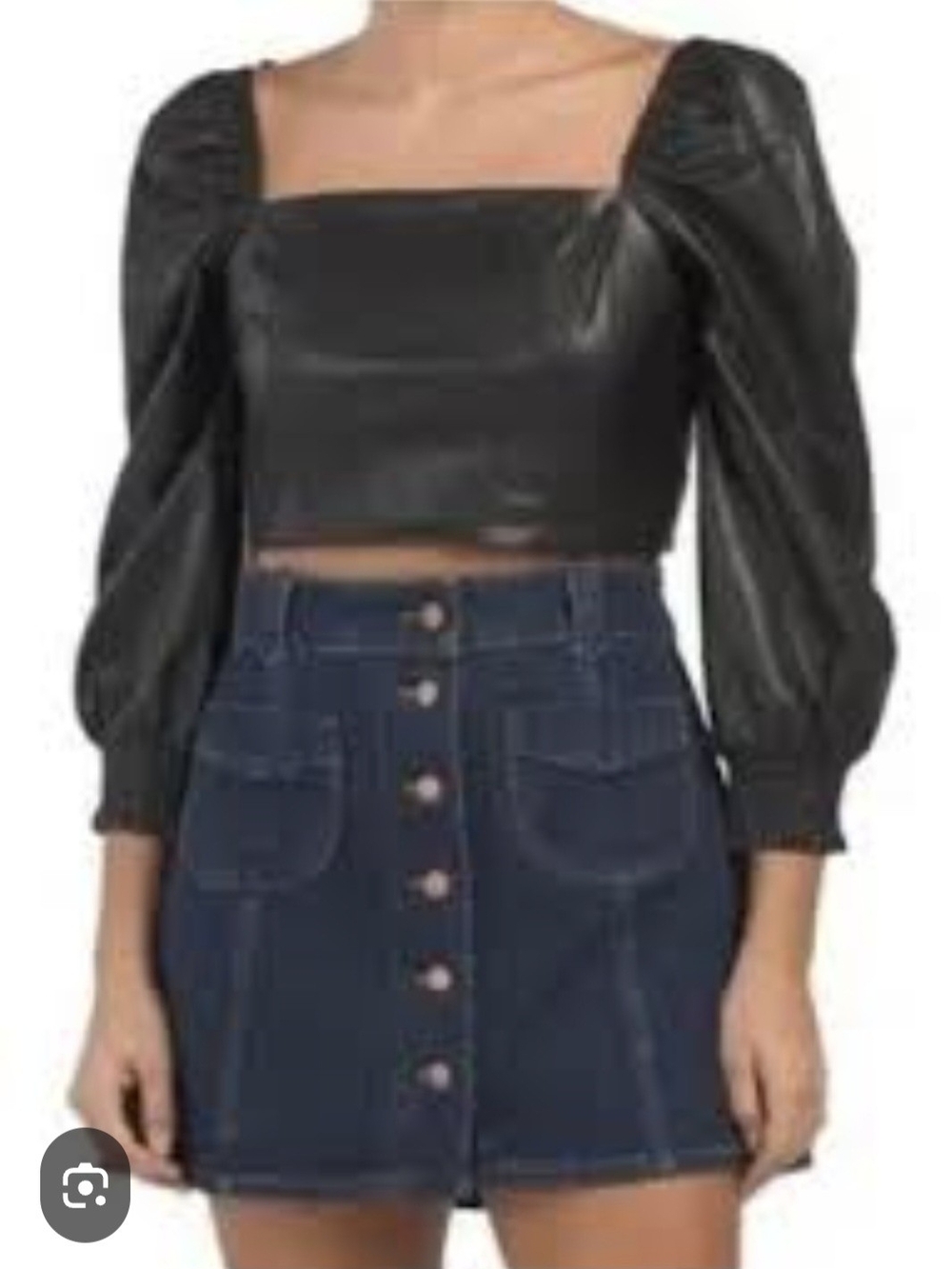 7 For All Mankind Teal Faux-Leather Puff-Sleeve Cropped Top Size S